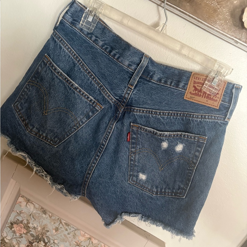 Levi's Blue Frayed Hem Distressed Denim Shorts
